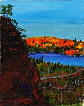 Title:"The View From Up Here/Lake Superior Shoreline" 8x10" acrylic on canvas. Travels on the Superior Coastline in the early fall when the colours are just electric!Sold
