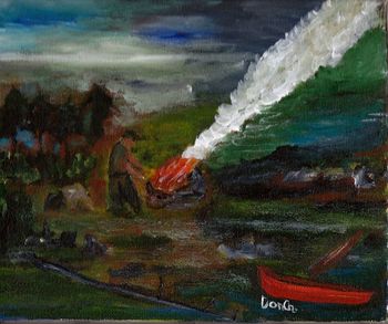 Title: "Campfire" (Transition Series) "8x10" acrylic on canvas. I spend a lot of time on rivers and lakes fishing and camping. A late campfire with fish ready to be fried is always welcomed!  Sold
