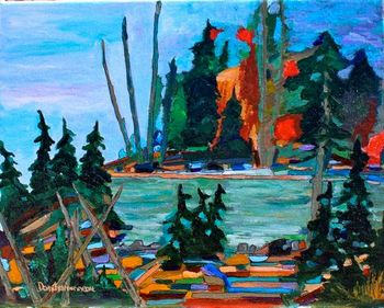  Title: "Entrance to Big Stony Creek/ Manitowik Lake" 11"x14" acrylic on canvas. Big Stony Creek is located at the North end of Manitowik Lake which was part of the original fur-trading route to Moosonee and Moose Factory on the James Bay Coast. I've cooked many a shore lunch over the years using Big Stony walleyes and smallmouth bass. Price is  $225.00 plus shipping.
