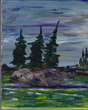 Sold Three Pine Island/Crooked Lake"8x10" acrylic on canvas. My favourite area to troll for walleyes . Sometimes I just reel in my line and drift by and savour this beautiful place. Price is $225.00plus shipping and includes a hand made birch bark frame.
