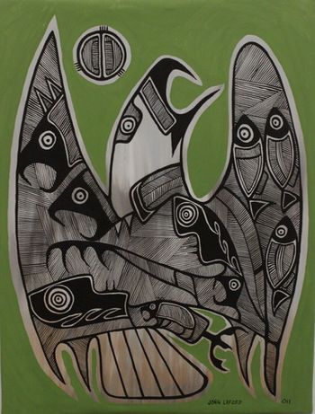 Title" Shaman Eagle" 30"x40"
acrylic on canvas. This is a beautiful piece with dark to grey lines on a green background.
artist: John Laford
