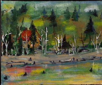 Title: "Bear Camp/Magpie River" (new)8"x10" acrylic on canvas. I guide on this river system and love fishing here. The shoreline is hilly at times and dotted with Birch, Spruce a Cedar trees and rocky points. During high water, huge bays hold walleyes and Northerns. I fish just around the corner from the cabin owned by local bear hunter.  Price  $200.00.
