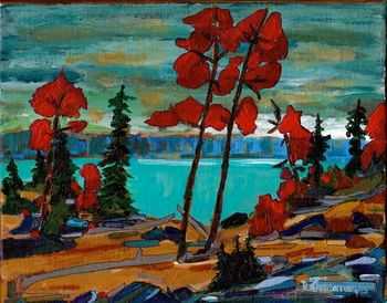 Title: "Reds' On The Maple in This Land Of My Dreams"  8"x10" acrylic on canvas new work ~ This smaller painting demanded a long title which pretty well describes and celebrates the Superior Coastline in the fall of the year. Price is $200.00 plus shipping.
