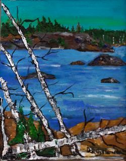 Title "Oiseau Bay/Lake Superior" 8x10' Acrylic on canvas. This painting in inspired by a visit to this place many years ago. I wrote a song about a trapper who worked the land here. (the song Oiseau Bay is on my Gitchee Gume/Songs From The Lake album which is included in the price. $300.00 plus shipping and comes with a handmade birch bark frame. A 10% donation from the sale of this work will be made to TPRF "Food For People" (Prem Rawat Founder) in the memory of N.Ontario Fishing Guide Paul Benjamin "Jamie" Charbonneau.


