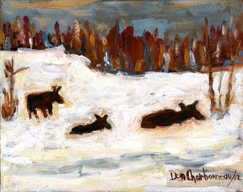 Title:"Moose Yard/Middle Lake Road"8x10" acrylic on canvas. This painting is a memory from the days I used to trap live bait on the Middle Lake Road during the winter of /95. I counted eleven moose yarding in that area that winter.

This painting  comes with a rustic birch bark frame(handmade by this artist) Sold ...many thanks
