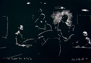 Alan Bull's drawing of Phil McGowan, Mark Carlsen, Jack Senier and me at 10 Center Street, Newburyport MA
