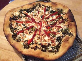 Greek Pizza with Feta, Dill, Arugula, Roasted Red Peppers and Kalamata Olives
