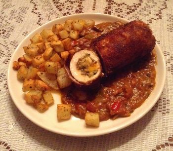 Indian-Spiced Chicken Breasts Stuffed with Wild Rice Pilaf and Butternut Squash with Sauteed Potato Dice
