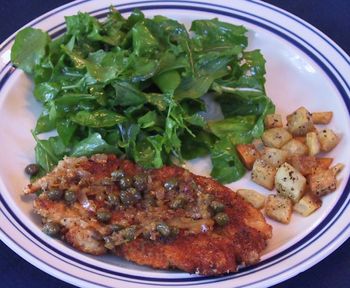 Chicken Schnitzel with Shallots & Capers, Tater Tots and Salad of Bitter Greens
