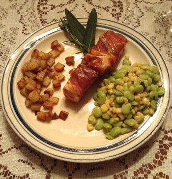 Prosciutto-Wrapped Salmon with Succotash and Sauteed Potatoes
