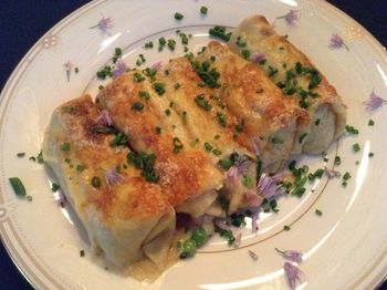 Ham and Cheddar Crepes with Peas, Parmesan and Chives
