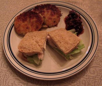 Turkey Sandwich on Homemade Bread with Potato Pancakes and Cranberry Chutney
