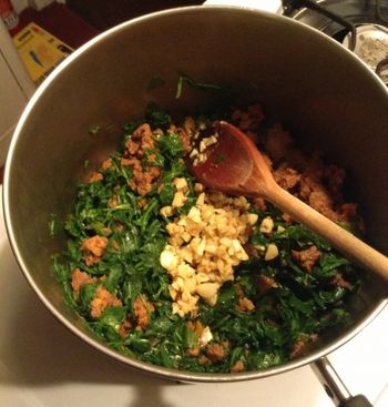 Hot Italian Sausage, Garlic & Arugula in the Pan
