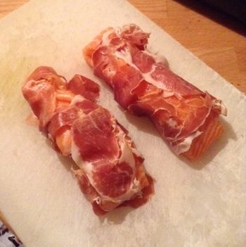 Salmon Wrapped in Prosciutto, Ready to Grill
