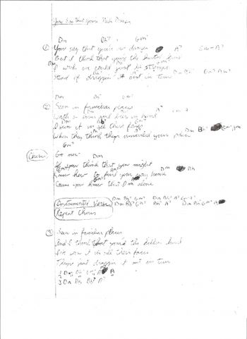 Andy's handwritten lyrics/chords sheet for "Nick Danger" - "(You Say that You're) No Danger."  Katy found it in her "Rough Mix" file box.

