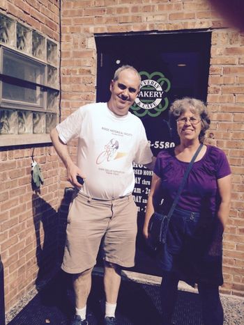 Bonni with Jim Quigley, playing for 10th anniv, Oct. 2015, of Beverly Bakery, which makes essential croissants and mochas
