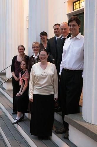 Cast of "Emily" on First Parish Medfield steps, 2012.
