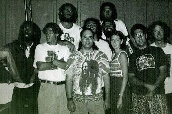 Overstand group photo taken behind Blind Melon's in Pacific Beach,CA. mid '95. Mikey/Walter in back, from left middle row-Ras luis Smalls, John Connelly, Tim Pacheco, Matt Kerr, Scott Homan, front-Joh
