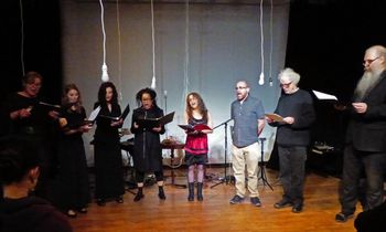 At Pamela Z's ROOM show, Tongue, Teeth, Lips, 12/11/17 in San Francisco, CA. Here with (from left to right) Julie Queen, Amy Foote, Aurora Josephson, Pamela Z, Amy X Neuburg, me, Ron Heglin, and, Rich
