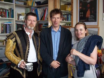 London Rehearsals for O'Sullivan Beara-The Last Gaelic Chieftain-July 2010-l to r- Aidan Dooley,Jonathan Kemp director,Miriam Cooper producer
