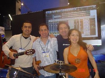 The Gajate Quartet at the NAMM SHOW 2008. Left to right: guitarist Marco Tulio, bassist Guillermo Guzman, percussionist Richie "Gajate" Garcia and singer Margo Reymundo.
