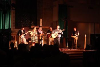 The finale: Levi Guffey, Briana Santiago, Matt Di Filippo, Denny Bowen, Dan Dúet, and Graham McNair. Off to the left is Fred Bueche on the piano... a rousing rendition of "I'll Fly Away"
