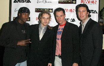 Dee Morris (Boy band Fusion) Ben Curtis,Keith Collins & Owner Marc Carnevalli on the red carpet grand opening of "Fashion Forty Lounge"
