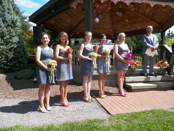 The lovely bridesmaids, all in a row - r to l: maid of honor Carly, Nikki, Alicia, Becah, and Bethany
