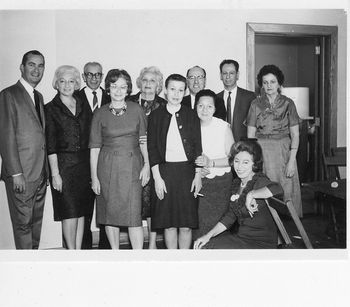 Uncle Milton, Aunt Derry, Uncle Murray, Mom, Grandma Tillie, Aunt Sadie, Uncle Ted, Sadie's Mom Alice, Dad, Aunt Rose (in front), and Josephine (Cousin Gloria's Mom)
