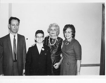 Dad, Bar Mitzvah boy, Grandma Tillie, and Mom
