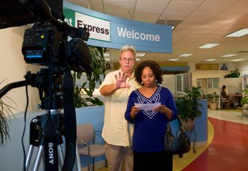 Paul directs the talented actress Jada Lark in a bank commercial on St. Thomas, Virgin Islands. Photo: Monica Gephart
