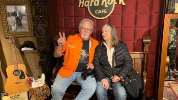 PCD can not visit London without a pilgrimage to the original Hard Rock Café, across from Hyde Park. It was Monica's first time in the Vault. The pew on which they sit used to be in the home of Jimi Hendrix. Ash, the docent, snapped this shot.
