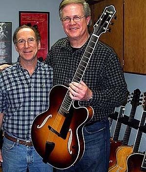 Bob Benedetto and Ray Reach, the day Ray took delivery of his Benedetto Bravo guitar.
