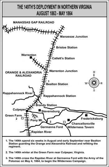 The 149th Bucktails guarded the Orange & Alexandria Railroad after the Battle of Gettysburg to rest and refit. Their ranks were replenished with soldiers from the first national draft.
