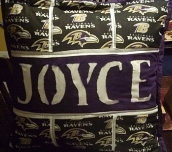 Item #1009. Personalized Ravens throw pillow - $45 (NOTE - STENCILED LETTERS AND/OR NUMBERS $5 EACH)
