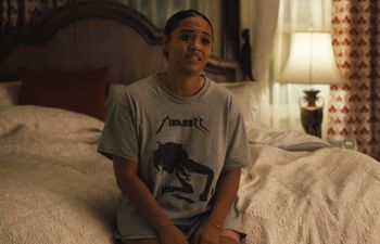 Kiersey Clemons wears Bam Bam singer Tina Bell shirt in the film "Somebody I Used to Know". design by Scotty Buttocks Ledgerwood, pic by Cyndia Michelle
