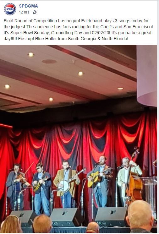 Blue Holler was honored with 6th place in the 37th Annual SPBGMA International Band Contest on February 2, 2020 in Nashville, Tn. This is Blue Holler's first major band competition and we had an experience of a life time participating with 20 amazing Bluegrass  bands from the United States.  Go to the Video tab to see some video from the contest. 