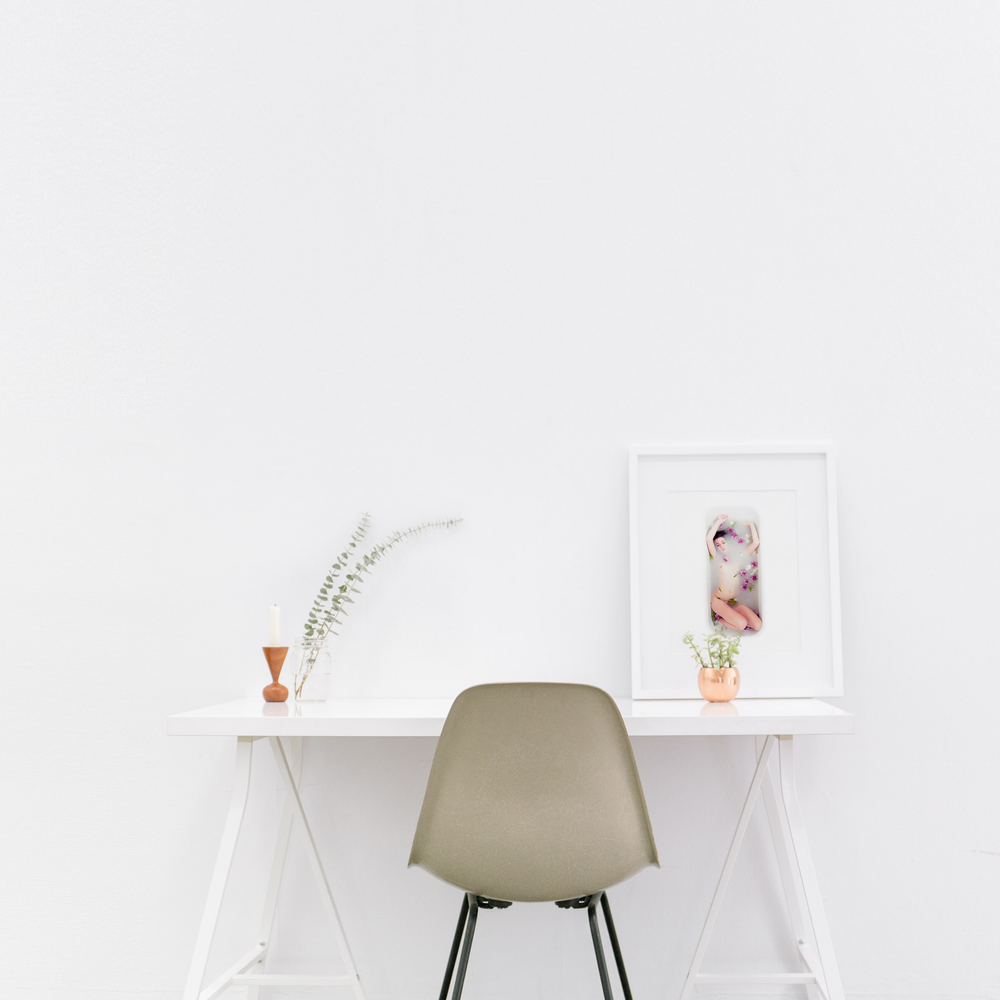 White walls with Empty desk and chair at home with picture frame