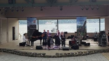 Blindfold Test at Lake George Jazz Festival 2022 L to R:  Vitor Gonçalves, Paul Meyers, Thiago Fernandes, Michael O'Brien, Susan Pereira, Vanderlei Pereira (photo: James DeForest)
