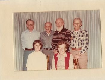 Back row: Uncle John, Uncle Phil, Uncle Roland, Uncle Bob. Front row; Mom, Aunt Rose
