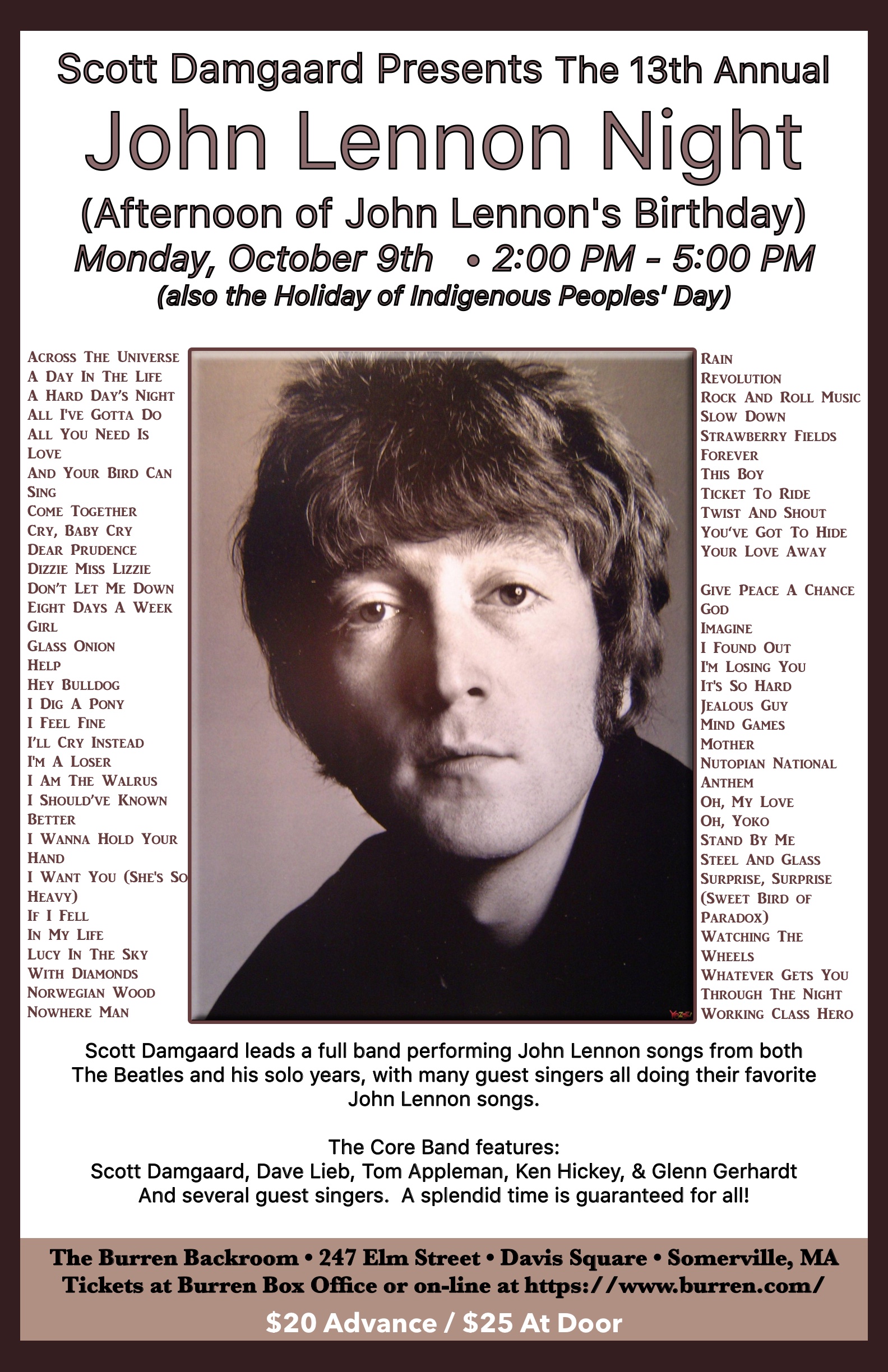 Scott Damgaard presents John Lennon Night @ The Burren - Backroom Music  Series - Oct 9, 2023, 2:00PM