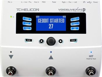 Studio vocal effects and processing on location! That's the idea behind this device, a TC-Helicon VoiceLive Play GTX, which Jeff uses in his solo performances. Adaptive tone technology intelligently controls EQ and Dynamics (Compression & De-ess) to provide tonal balance and dynamic control. An adaptive gate helps suppress feedback. Reverb, echo, delay, and other effects are available through this little box, as are two voices of harmonies and voice doubling. Included are a full range of guitar effects, so if you want to hear one of Jeff's acoustic guitars sound like a Les Paul through a Marshall stack, this will do it!
