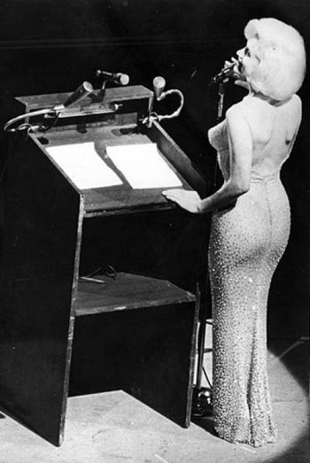 Marilyn Monroe singing "Happy Birthday" to John F. Kennedy at Madison Square Garden in 1962.
