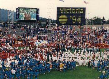 Commonwealth Games with Duncan Meiklejohn, April Gislason, and Morry up on the big screen.
