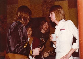Shoes backstage before a gig at The Likely Story club on April 6th, 1977. Note Jeff and Gary with their new Gibson Explorer guitars. Gary's was eventually stolen from BFD Studio.
