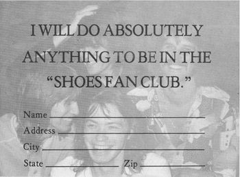 The first postcard designed for folks to join the newly-christened Shoes Fan Club in late 1977.
