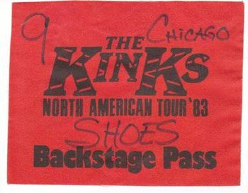 Backstage pass for the UIC Pavillion where Shoes opened for the Kinks during their 1983 tour.
