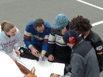 Ash, Pat, Tom, Troy & Frank Deciding what Bob Ross "Happy trees" picture to paint on the trunk of the Lemons car for our Penalty @ the 2011 Lemons race. Because Troy was Driving and hit someone they made him wear the Bob Ross wig !! HAHA
