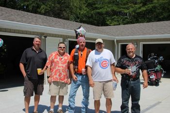  Old rock stars -- Great to catch up on the old days with my buds from our band Rabbit Punch.  From left:  Jerry Lowe - lead vocalist, Greg "Red" Sinning - drums, myself on guitar and backing vocals, and Tim Evans - keyboards and backing vocals.  Met up at Red's birthday party, summer 2012.
