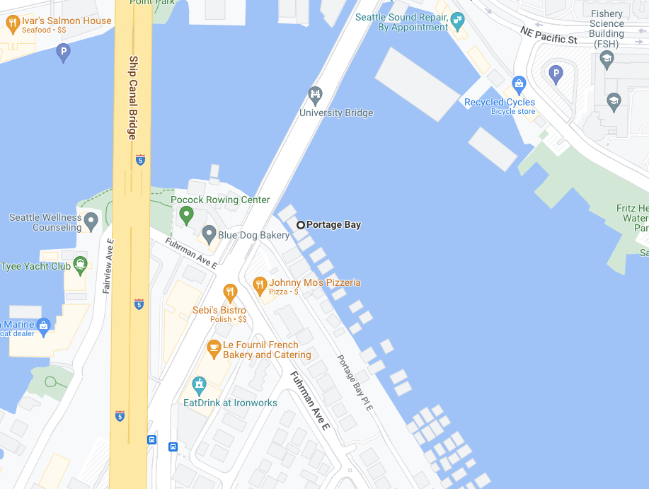 We're the "Portage Bay" pin location. 
Click for link to live map.